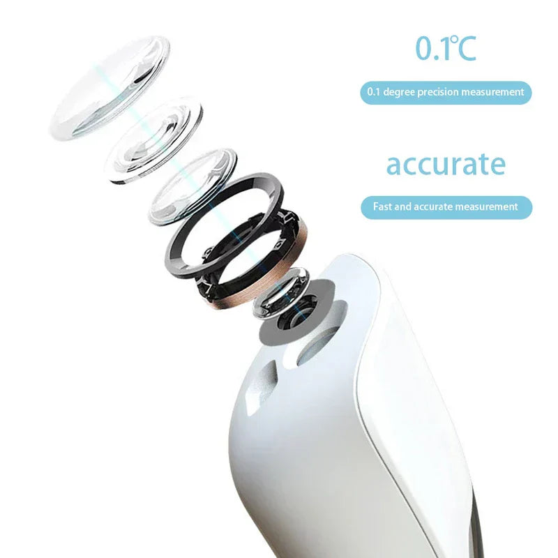 Body Temperature Scanner - Exploded view of thermometer sensor lens assembly, with text noting 0.1°C measurement precision.