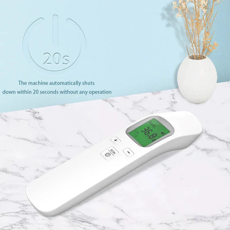Body Temperature Scanner - Infrared thermometer placed on marble surface, showing auto power-off note after 20 seconds of no operation.