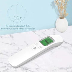 Body Temperature Scanner - Infrared thermometer placed on marble surface, showing auto power-off note after 20 seconds of no operation.