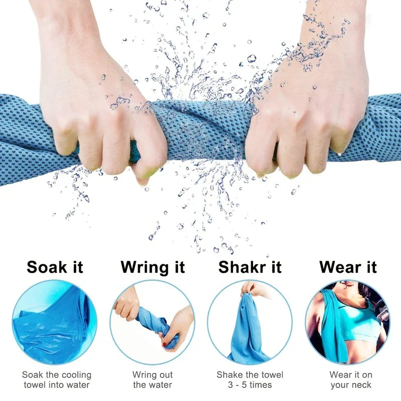 Two hands wringing a blue dotted cooling towel, plus four circular illustrations showing soak, wring, shake, wear steps