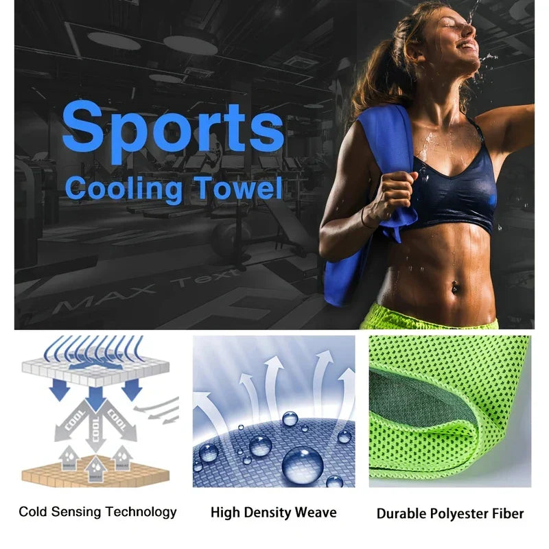 Sports cooling towel advertisement showing a woman at the gym, with three feature illustrations below.