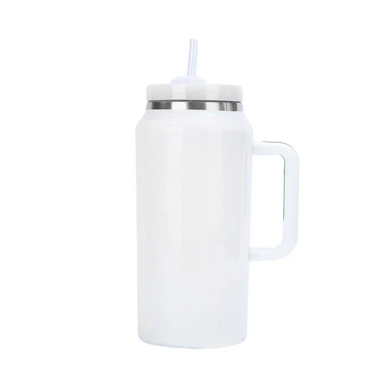 Car Travel Mug - Glossy white tumbler with side handle, straw lid, and stainless steel rim