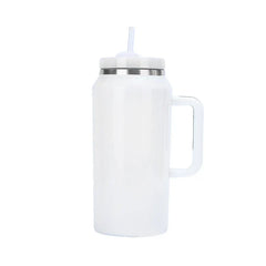 Car Travel Mug - Glossy white tumbler with side handle, straw lid, and stainless steel rim