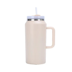 Car Travel Mug - Beige insulated tumbler with a side handle, lid with flip-up tab, and a plastic straw inserted through the lid.