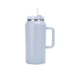 Car Travel Mug - Light blue insulated tumbler with a side handle, lid with flip-up tab, and a plastic straw inserted through the lid.