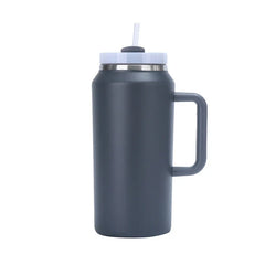 Car Travel Mug - Matte dark gray handled tumbler with white screw lid, attached white straw, stainless steel neck band, against plain white background