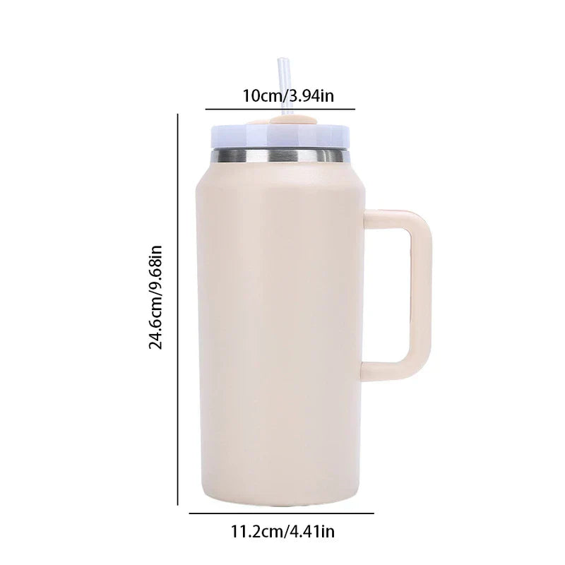 Car Travel Mug - Light beige insulated tumbler with handle and straw, displayed with vertical, top and bottom dimension labels