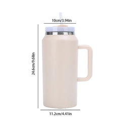 Car Travel Mug - Light beige insulated tumbler with handle and straw, displayed with vertical, top and bottom dimension labels