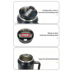 Car Travel Mug - Three-diagram panel showing three drinking modes for a black tumbler: straw use, rotated small sip opening, and fully open lid for free drinking