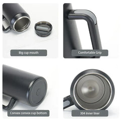 Car Travel Mug - Four-panel detail view of a tumbler showing large mouth, textured handle grip, raised bottom base, and stainless steel interior liner.