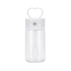 Insulated Coffee Travel Mug - Clear empty plastic bottle with white heart handle lid, showing interior mixing paddle, on plain white background