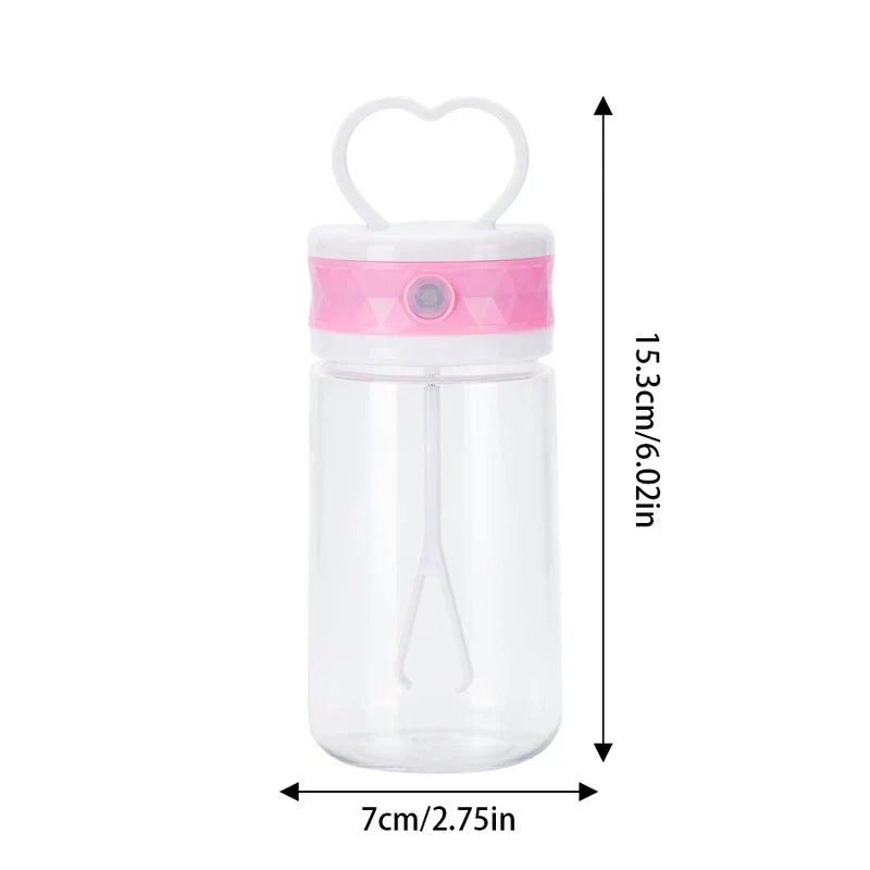Insulated Coffee Travel Mug - A clear plastic water bottle with pink and white cap and heart-shaped handle, showing 15.3cm height and 7cm width measurements.