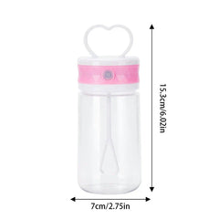 Insulated Coffee Travel Mug - A clear plastic water bottle with pink and white cap and heart-shaped handle, showing 15.3cm height and 7cm width measurements.