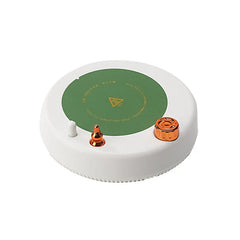 Insulated Mug - White circular warming and stirring base with green heating surface, copper control knob, copper magnetic stirrer, white alignment peg, and hot surface warning marking