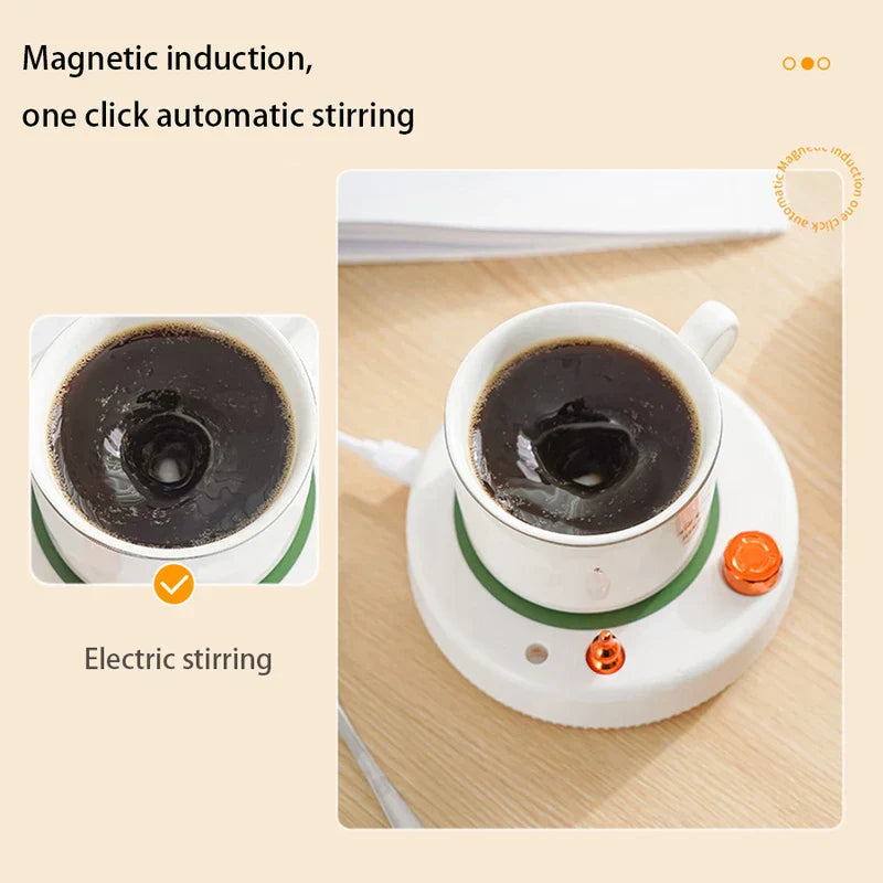 isolierter becher - Weiße Tasse mit dunklem Kaffee auf der Untersetzer, die magnetisches automatisches Rühren zeigt, das einen Wirbel in der Flüssigkeit erzeugt