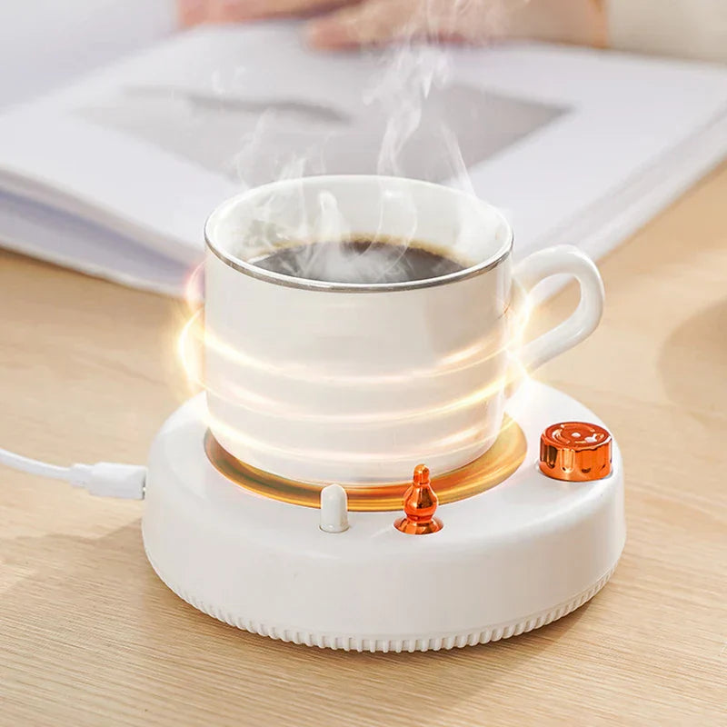 Insulated Mug - White USB powered mug warmer with a white coffee cup of steaming coffee resting on its heated surface
