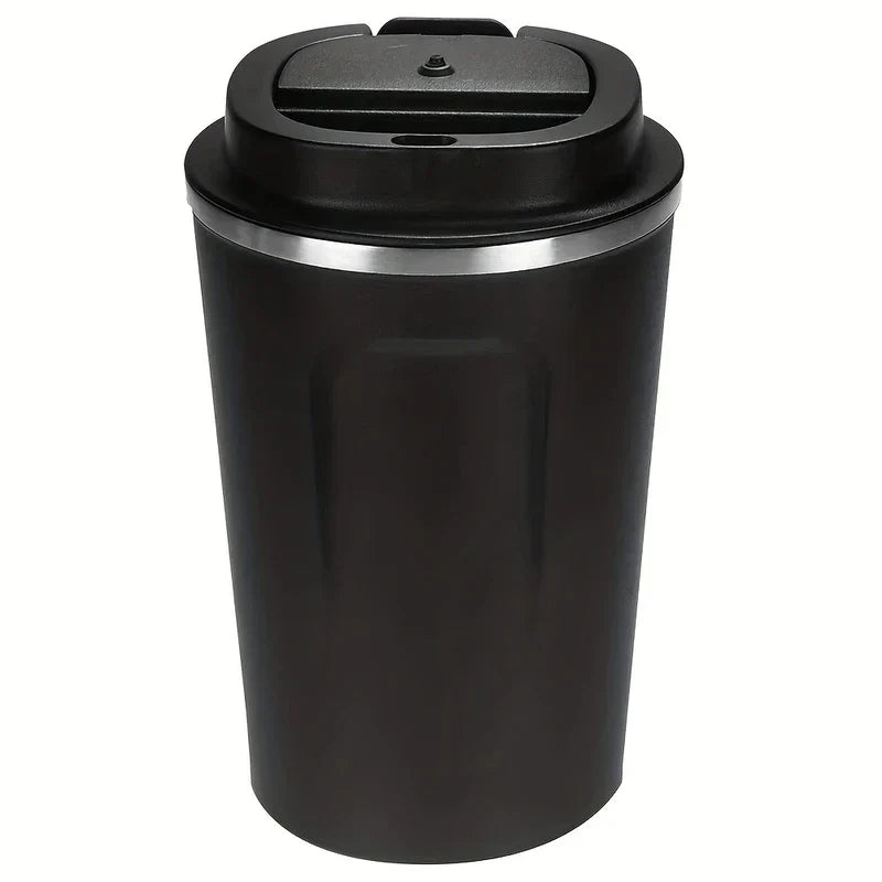 Coffee Travel Mug - Black cylindrical trash can with swing lid and silver accent band