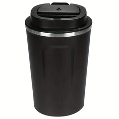 Coffee Travel Mug - Black cylindrical trash can with swing lid and silver accent band