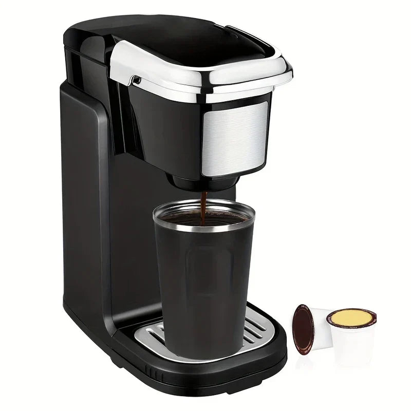 Coffee Travel Mug - Single-serve coffee maker brewing coffee into a tumbler with two K-cup pods beside it