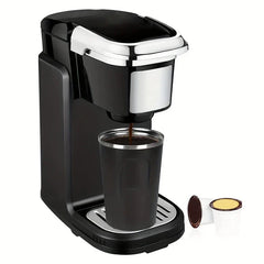 Coffee Travel Mug - Single-serve coffee maker brewing coffee into a tumbler with two K-cup pods beside it