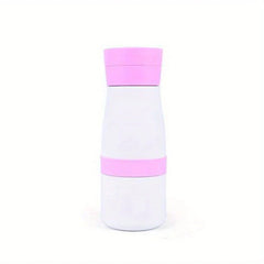 Stainless Steel Tumbler Cup - White tumbler with pink lid and middle grip band, front view against white background