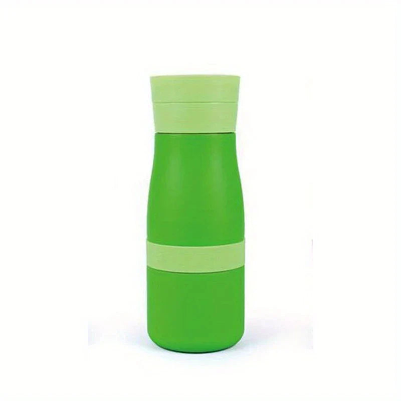 Stainless Steel Tumbler Cup - Green insulated water bottle with lighter green cap and midsection band, standing on white background