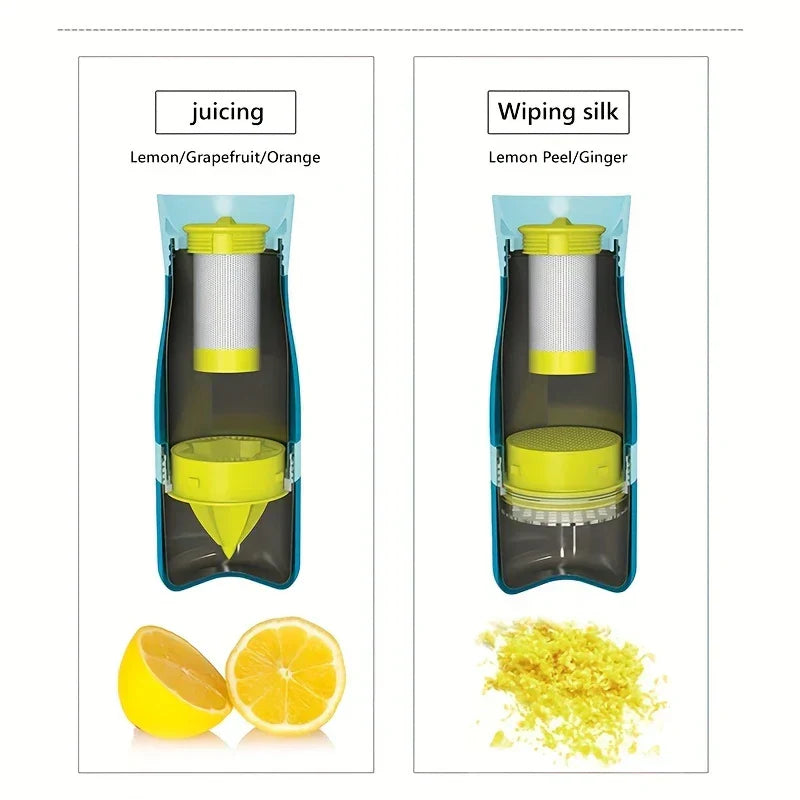 Stainless Steel Tumbler Cup - Diagram showing two internal insert functions: juicing citrus and zesting peel or ginger