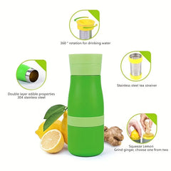 Stainless Steel Tumbler Cup - Green tumbler displayed with feature callouts and fresh lemon and ginger props