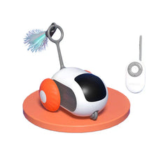 Electronic Cat Chase Toy Car - Orange-wheeled toy unit with feather attachment and matching remote control, displayed on a round orange platform
