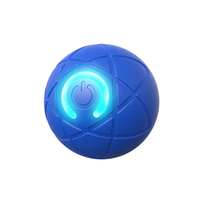 interaktiver haustierball - Blau leuchtender Spielball mit strukturiertem geometrischem Muster und Netzschaltersymbol, isoliert auf Weiß