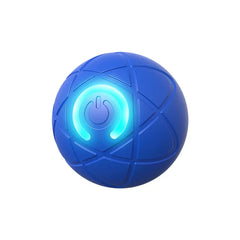 interaktiver haustierball - Blau leuchtender Spielball mit strukturiertem geometrischem Muster und Netzschaltersymbol, isoliert auf Weiß