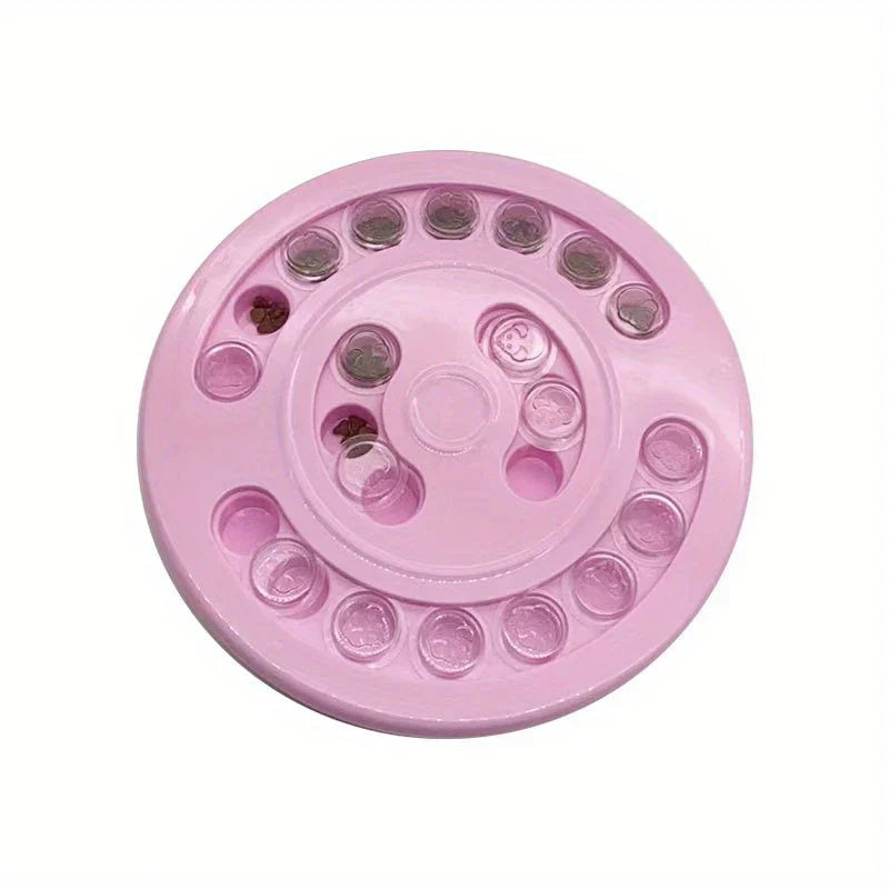 Interactive pet puzzle feeder toy with a pet pawing at the puzzle compartments