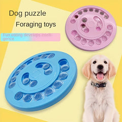 Pet puzzle feeder toy filled with kibble on a home floor