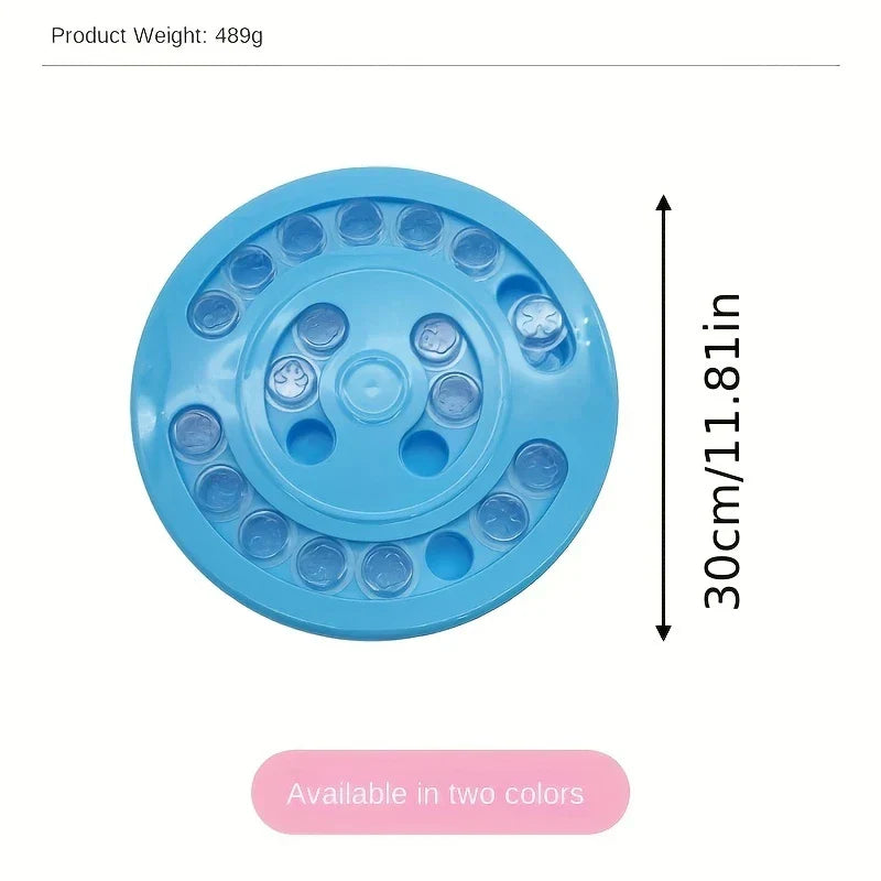 Cat puzzle feeder toy with a cat sniffing the food compartments