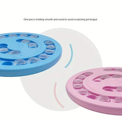 Pet Puzzle Feeder - Blue and pink circular pet puzzle toys, shown with edge close-up and descriptive text above