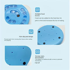 Pet Puzzle Feeder - Three-panel graphic showing a blue pet puzzle toy’s top surface, bottom pads, and underside