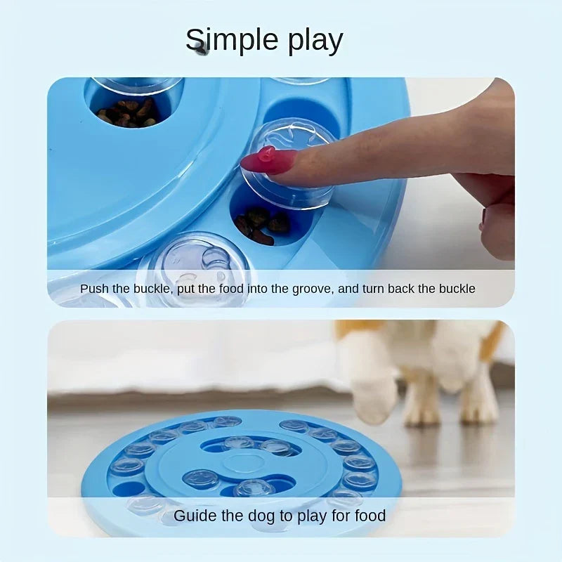 Pet Puzzle Feeder - Two-panel image: hand placing treats under a puzzle toy’s cover, and a dog approaching the toy