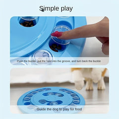 Pet Puzzle Feeder - Two-panel image: hand placing treats under a puzzle toy’s cover, and a dog approaching the toy