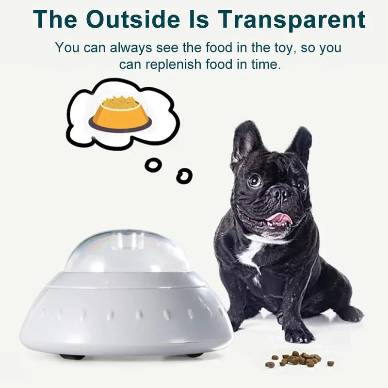 Pet Bowl - White UFO-shaped pet toy beside a French bulldog, with kibble scattered on the surface nearby