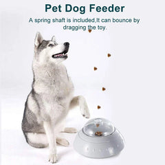 Pet Bowl - Gray UFO-shaped pet feeder toy dispensing kibble as a husky interacts with it