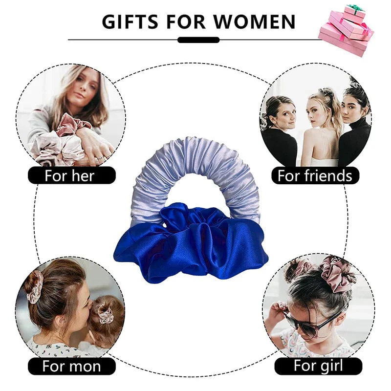 rizador de pelo con cañones intercambiables - Par central de coleteros azul claro y azul real, rodeado por cuatro fotos circulares etiquetadas Para ella, Para amigas, Para mamá, Para chica, bajo el encabezado 'REGALOS PARA MUJERES'