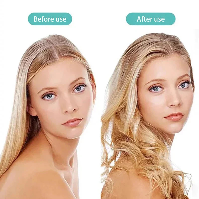 rizador de pelo con cañones intercambiables - Comparación dividida que muestra cabello largo y lacio rubio de una mujer etiquetado Antes del uso, y cabello ondulado etiquetado Después del uso, sobre fondo blanco