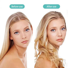 rizador de pelo con cañones intercambiables - Comparación dividida que muestra cabello largo y lacio rubio de una mujer etiquetado Antes del uso, y cabello ondulado etiquetado Después del uso, sobre fondo blanco