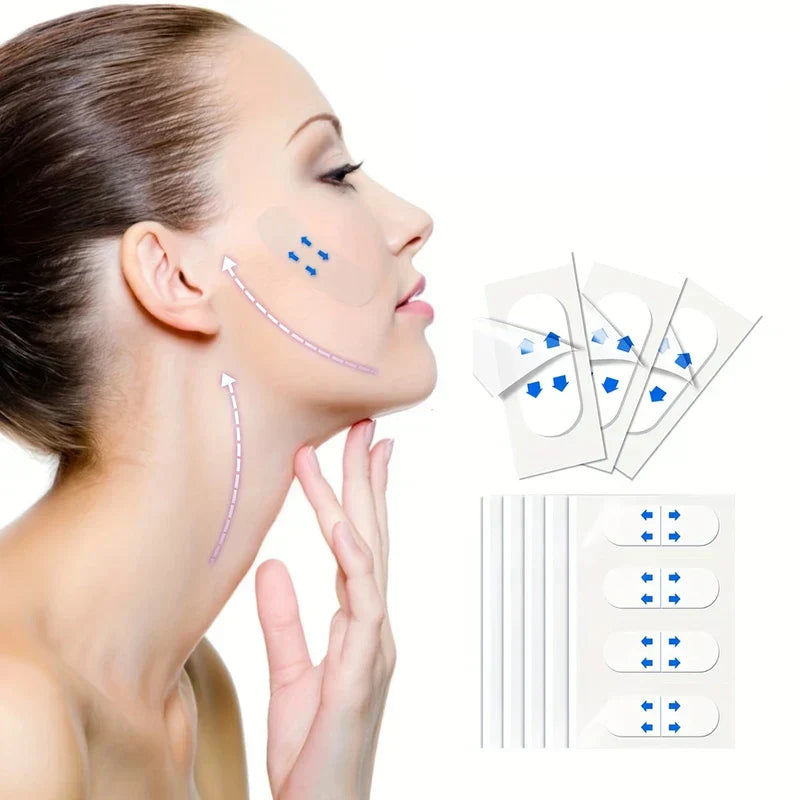 Invisible Face Lift Tape Stickers - Product application demonstration showing tape placement on face and neck alongside loose and sheeted tape strips