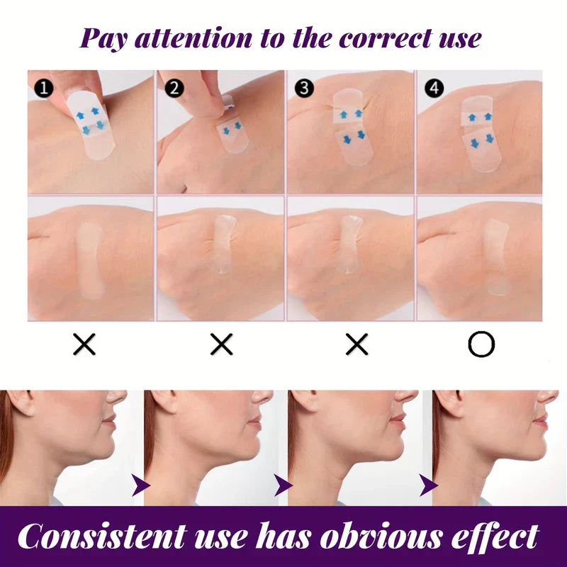Invisible Face Lift Tape Stickers - Diagram showing correct and incorrect application steps of a skin patch, plus side-by-side neck profile comparison