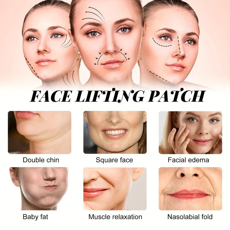 Invisible Face Lift Tape Stickers - Face lifting patch graphic listing six facial concern examples with corresponding small photos