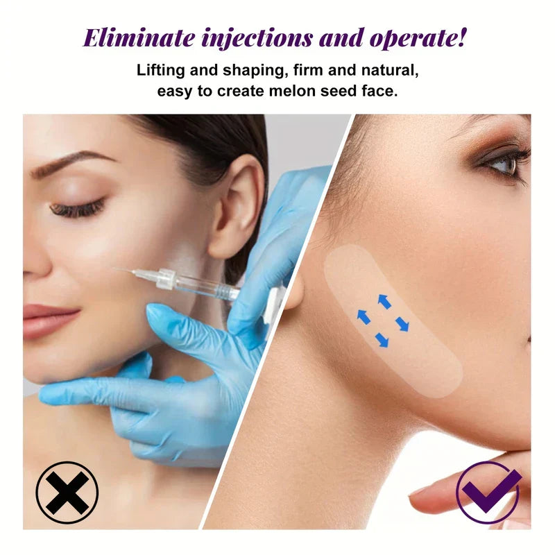Invisible Face Lift Tape Stickers - Split comparison graphic: left shows facial injection marked with an X, right shows an adhesive patch on a cheek marked with a checkmark, with headline text above.