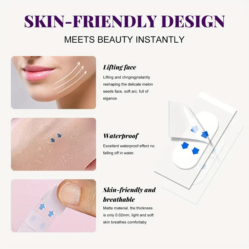 Invisible Face Lift Tape Stickers - Product information graphic with text and three small inset images, showing thin adhesive patches and their displayed features.