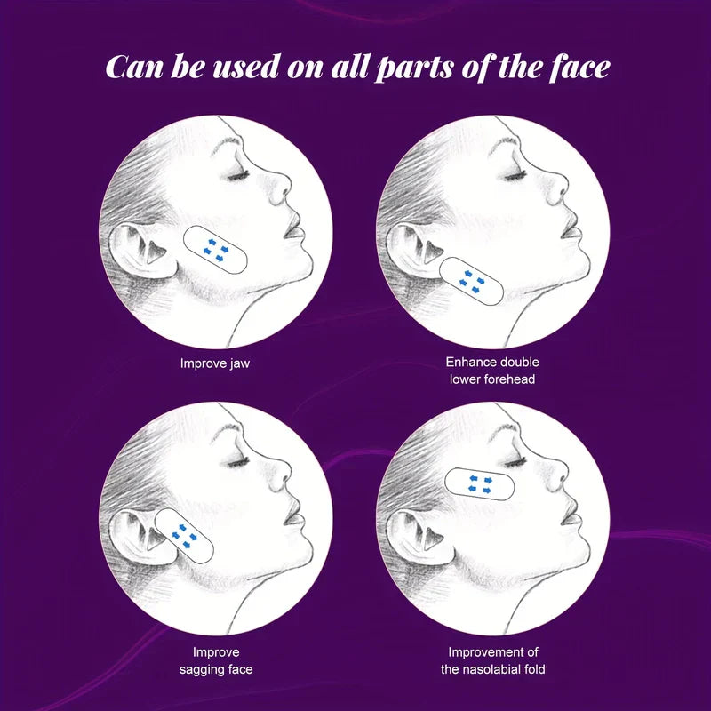 Invisible Face Lift Tape Stickers - Purple graphic with four circular illustrations showing placement positions of adhesive patches on different areas of a face.