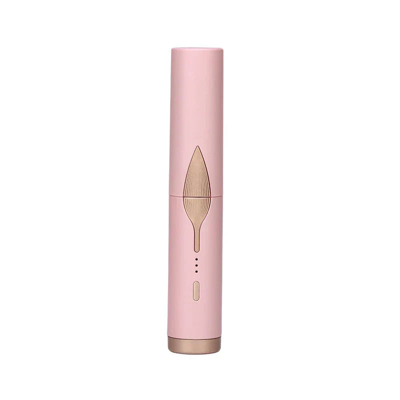 Heated Hair Straightening Brush - Pink handheld beauty device with gold leaf detail, displayed vertically in closed state against a plain white background